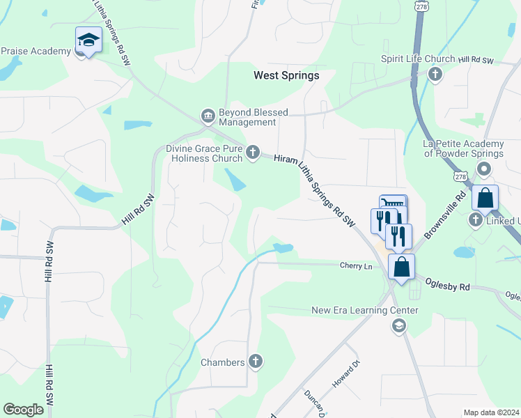 map of restaurants, bars, coffee shops, grocery stores, and more near 5252 Cherry Hill Lane in Powder Springs