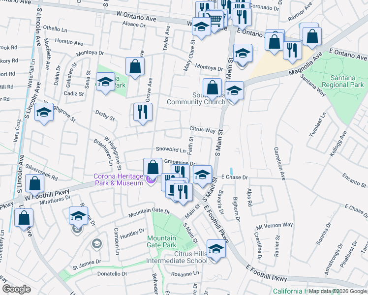 map of restaurants, bars, coffee shops, grocery stores, and more near 2799 Faith Street in Corona