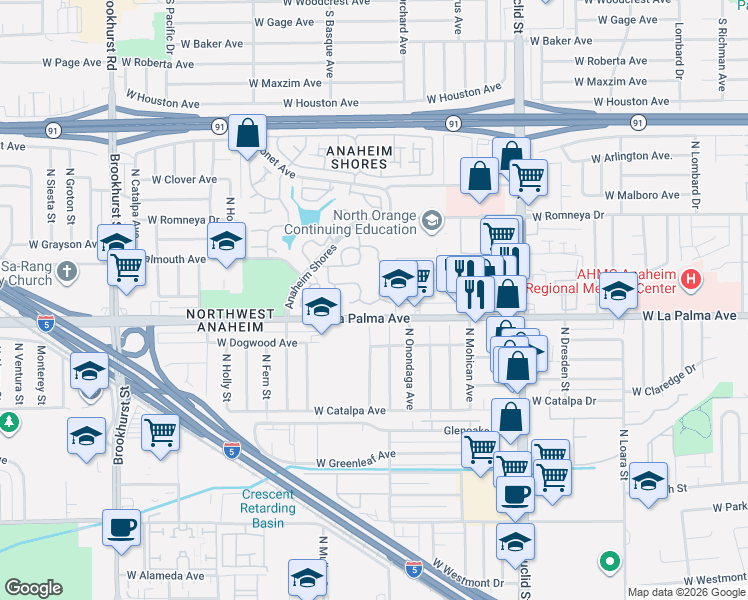 map of restaurants, bars, coffee shops, grocery stores, and more near 1868 West Admiral Lane in Anaheim