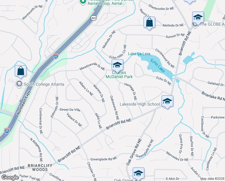 map of restaurants, bars, coffee shops, grocery stores, and more near 2169 Oakawana Road Northeast in Atlanta