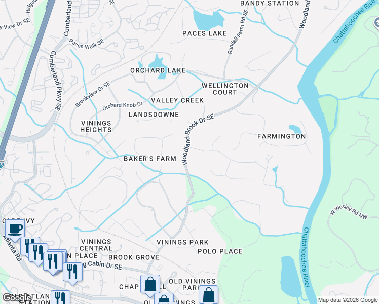map of restaurants, bars, coffee shops, grocery stores, and more near 4388 Woodland Brook Drive Southeast in Atlanta