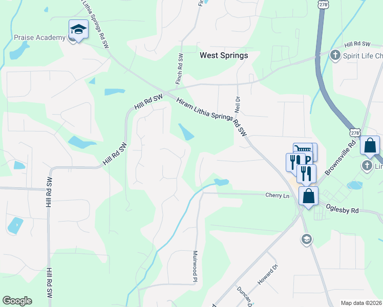 map of restaurants, bars, coffee shops, grocery stores, and more near 5251 Cherry Lane in Powder Springs