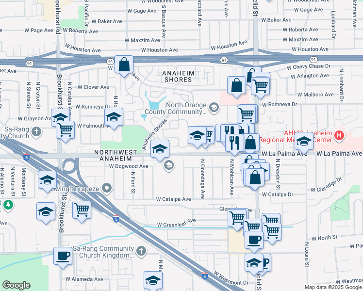 map of restaurants, bars, coffee shops, grocery stores, and more near 1128 North Voyager Lane in Anaheim