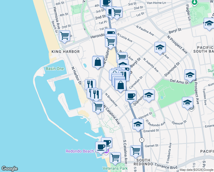 map of restaurants, bars, coffee shops, grocery stores, and more near 220 Beryl Street in Redondo Beach