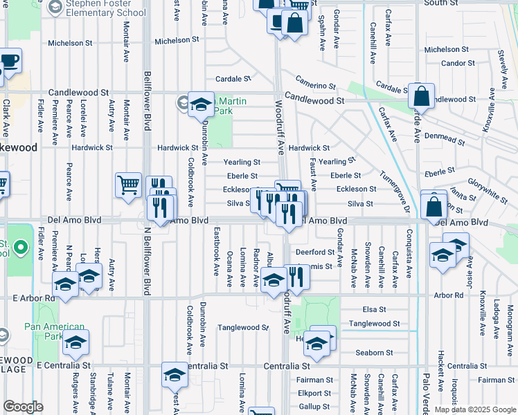 map of restaurants, bars, coffee shops, grocery stores, and more near in Lakewood