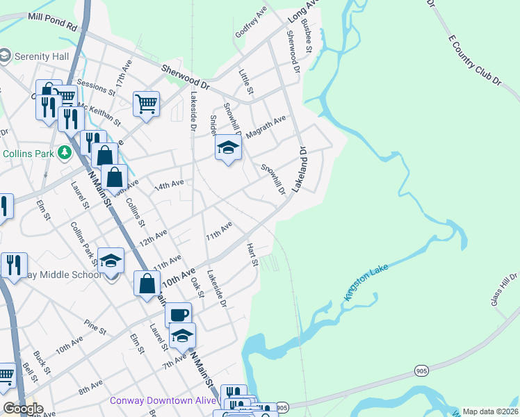 map of restaurants, bars, coffee shops, grocery stores, and more near 406 Lakeland Drive in Conway