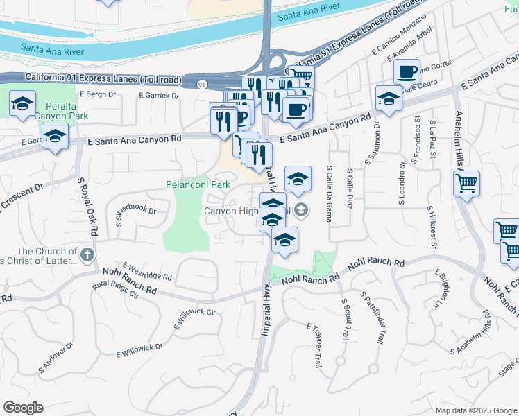 map of restaurants, bars, coffee shops, grocery stores, and more near 230 South Plaza De Domingos in Anaheim