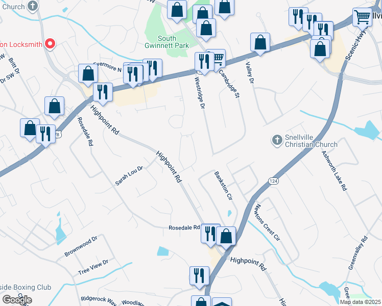 map of restaurants, bars, coffee shops, grocery stores, and more near 3031 Spruce Circle in Snellville