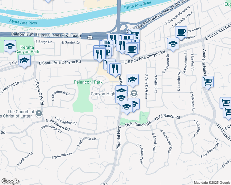 map of restaurants, bars, coffee shops, grocery stores, and more near 230 South Plaza De Domingos in Anaheim
