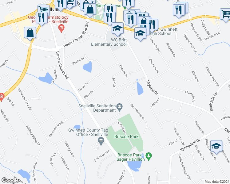 map of restaurants, bars, coffee shops, grocery stores, and more near 2615 Beal Street in Snellville