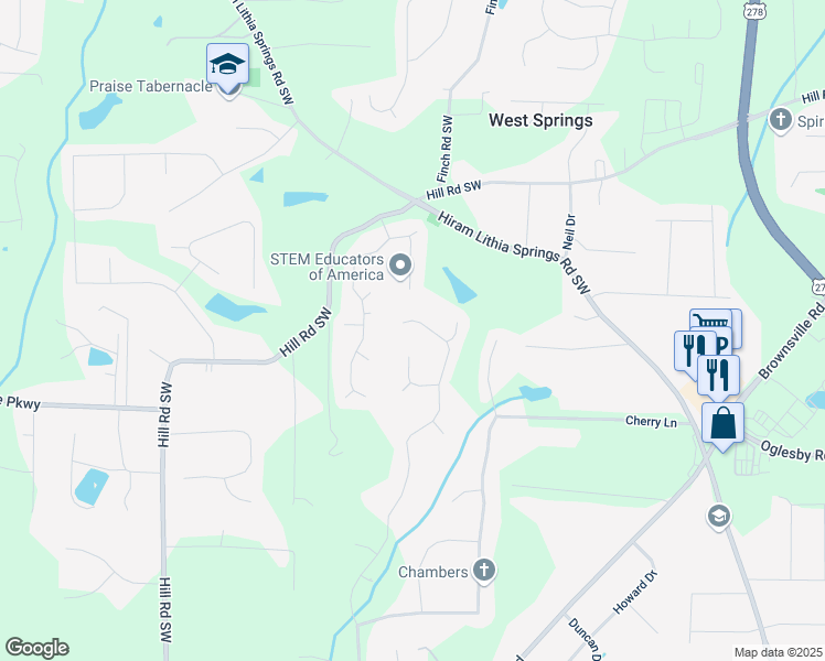 map of restaurants, bars, coffee shops, grocery stores, and more near 4863 Muirwood Drive in Powder Springs