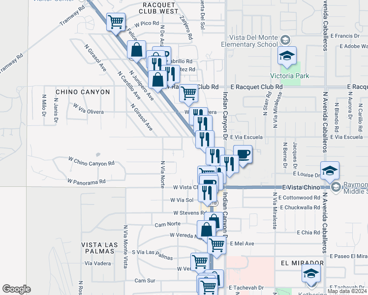 map of restaurants, bars, coffee shops, grocery stores, and more near 2054 North Mira Vista Way in Palm Springs
