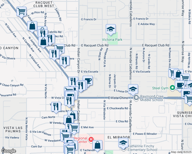 map of restaurants, bars, coffee shops, grocery stores, and more near 453 East Vía Escuela in Palm Springs