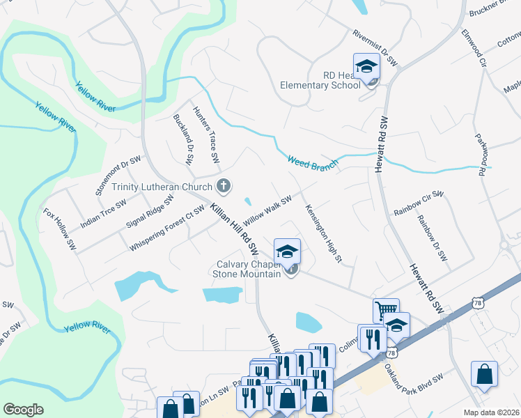 map of restaurants, bars, coffee shops, grocery stores, and more near 1894 Willow Wisp Way in Lilburn