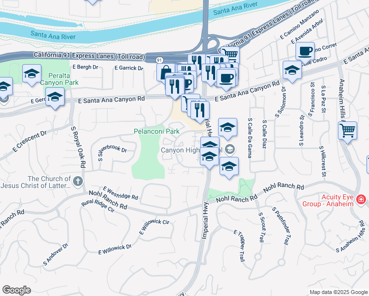 map of restaurants, bars, coffee shops, grocery stores, and more near 248 Vista Del Monte in Anaheim