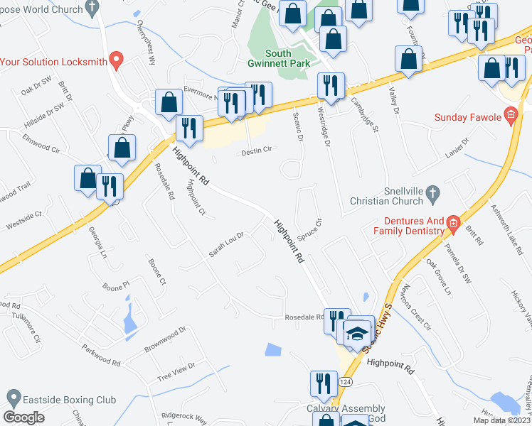 map of restaurants, bars, coffee shops, grocery stores, and more near 2307 Highpoint Road in Snellville
