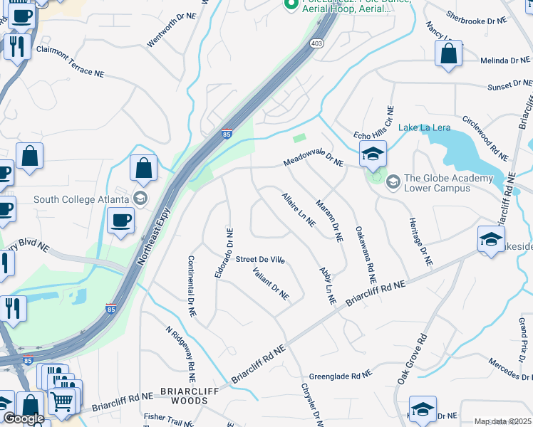 map of restaurants, bars, coffee shops, grocery stores, and more near 2208 Abby Lane Northeast in Atlanta