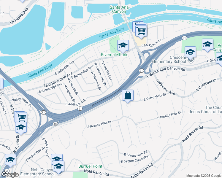 map of restaurants, bars, coffee shops, grocery stores, and more near 4438 East Addington Drive in Anaheim