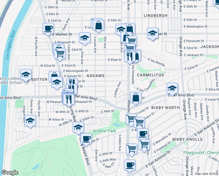 map of restaurants, bars, coffee shops, grocery stores, and more near 420 East Home Street in Long Beach