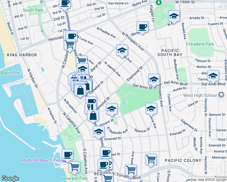 map of restaurants, bars, coffee shops, grocery stores, and more near 502 North Helberta Avenue in Redondo Beach