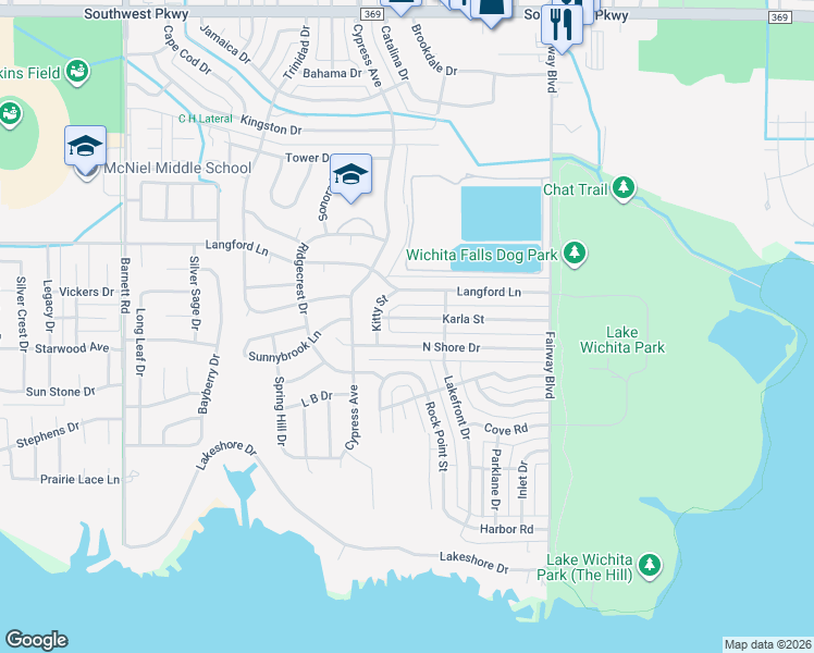 map of restaurants, bars, coffee shops, grocery stores, and more near 4710 North Shore Drive in Wichita Falls