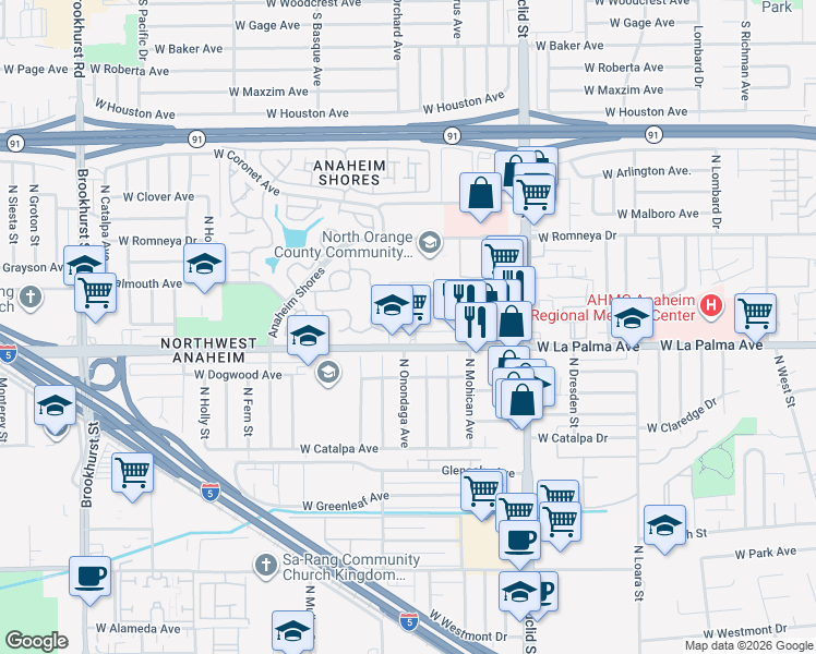 map of restaurants, bars, coffee shops, grocery stores, and more near 1828 West Glen Avenue in Anaheim