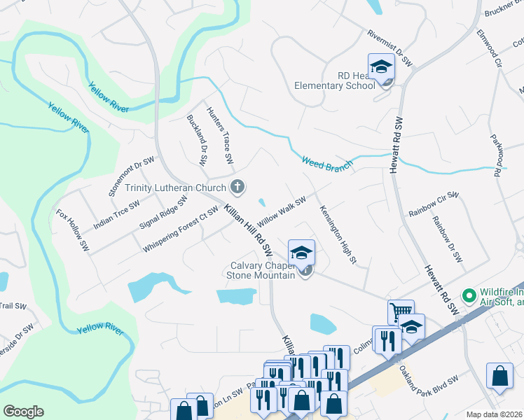 map of restaurants, bars, coffee shops, grocery stores, and more near 1894 Willow Wisp Way in Lilburn
