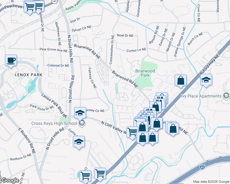 map of restaurants, bars, coffee shops, grocery stores, and more near 2078 Cobblestone Circle Northeast in Atlanta