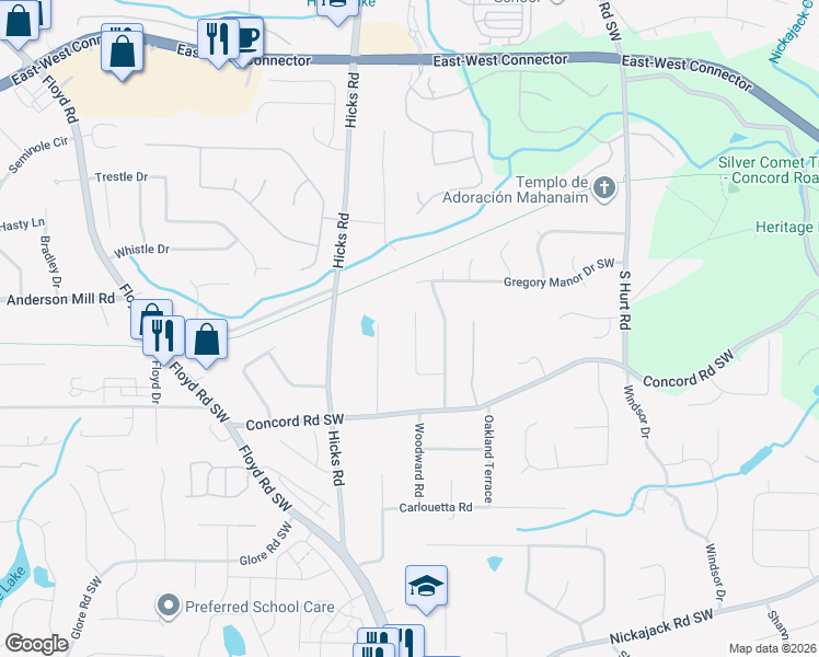 map of restaurants, bars, coffee shops, grocery stores, and more near 4370 Conwhey Court Southwest in Smyrna