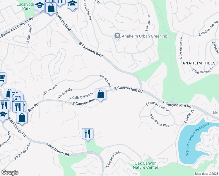 map of restaurants, bars, coffee shops, grocery stores, and more near 5800 East Canyon Rim Road in Anaheim