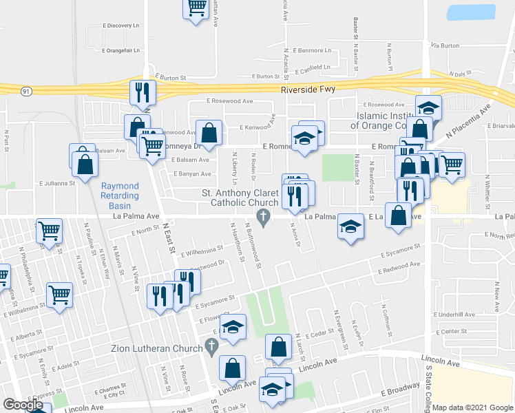 map of restaurants, bars, coffee shops, grocery stores, and more near 1431 East La Palma Avenue in Anaheim