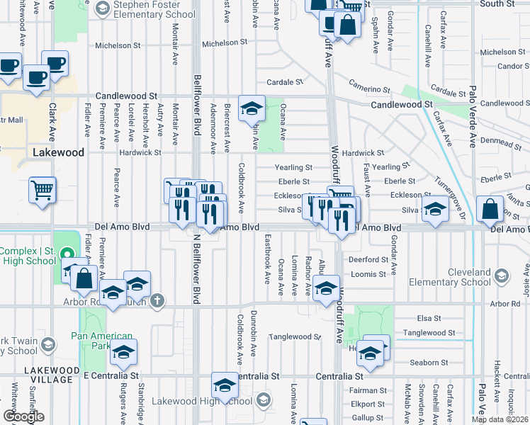 map of restaurants, bars, coffee shops, grocery stores, and more near 5712 Silva Street in Lakewood