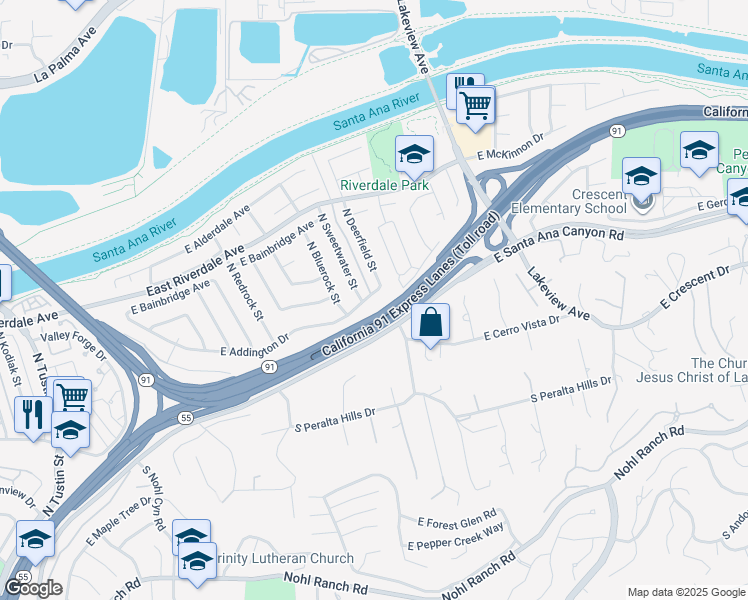 map of restaurants, bars, coffee shops, grocery stores, and more near 4438 East Addington Drive in Anaheim