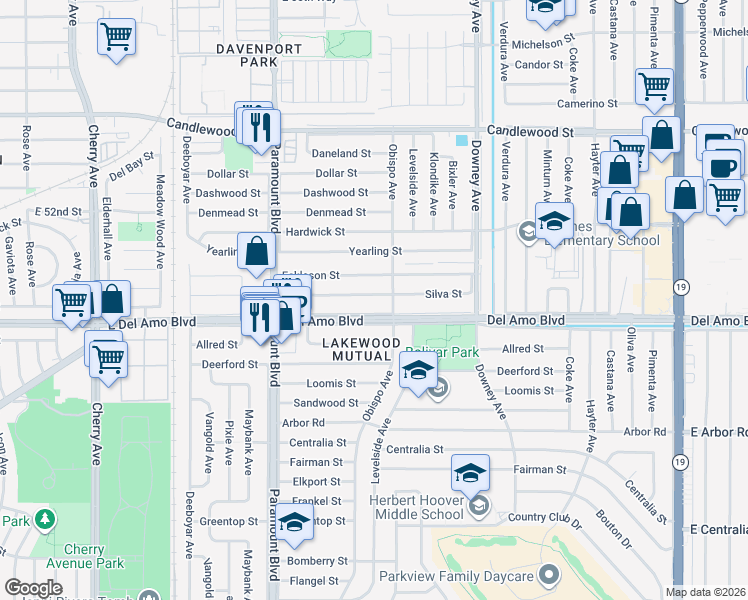 map of restaurants, bars, coffee shops, grocery stores, and more near 2942 Silva Street in Lakewood