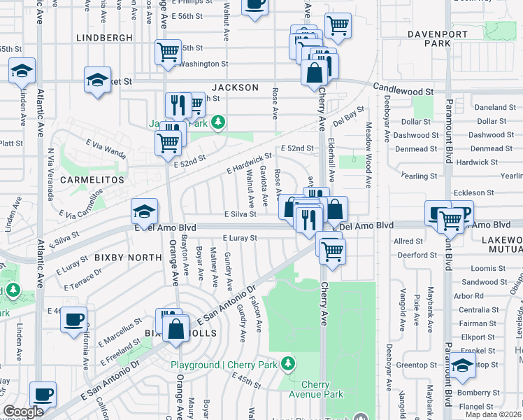 map of restaurants, bars, coffee shops, grocery stores, and more near 1715 East Silva Street in Long Beach