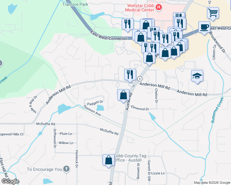 map of restaurants, bars, coffee shops, grocery stores, and more near 4358 Kousa Road in Austell