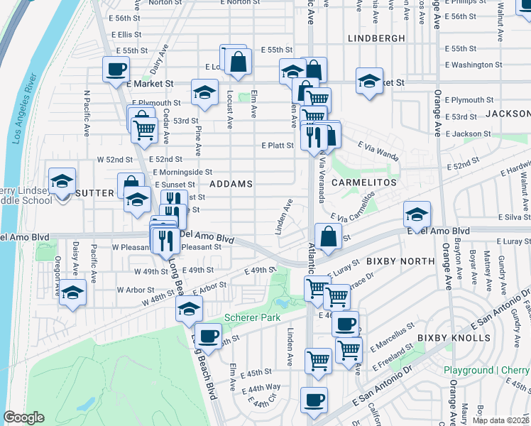 map of restaurants, bars, coffee shops, grocery stores, and more near 420 East Home Street in Long Beach