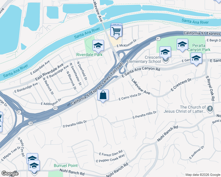 map of restaurants, bars, coffee shops, grocery stores, and more near 115 Leola Way in Anaheim