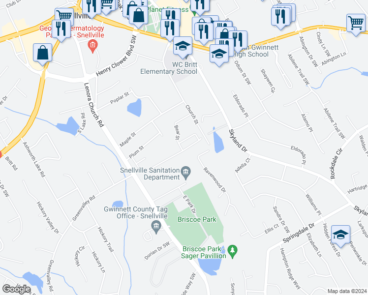 map of restaurants, bars, coffee shops, grocery stores, and more near 2501 Freemont Street in Snellville