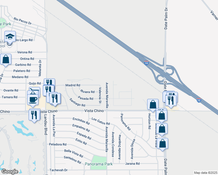 map of restaurants, bars, coffee shops, grocery stores, and more near 27664 Avenida Maravilla in Cathedral City