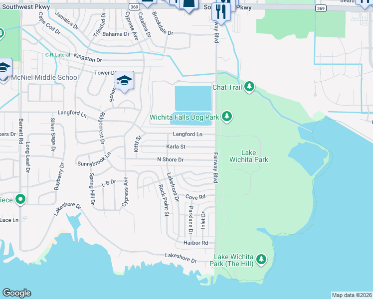 map of restaurants, bars, coffee shops, grocery stores, and more near 4620 North Shore Drive in Wichita Falls