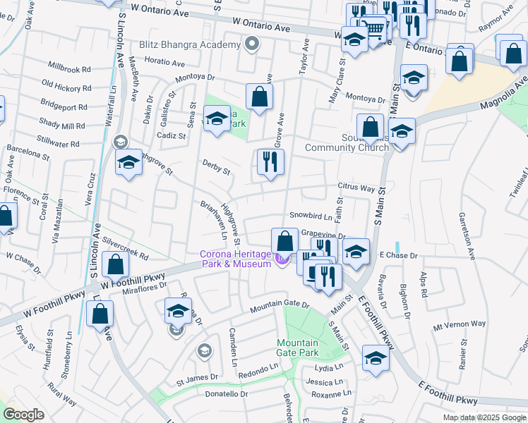 map of restaurants, bars, coffee shops, grocery stores, and more near 675 Avenue Terrazo in Corona