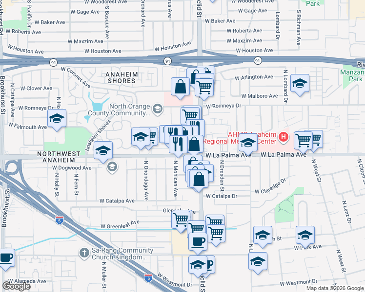 map of restaurants, bars, coffee shops, grocery stores, and more near 1732 West Glen Avenue in Anaheim