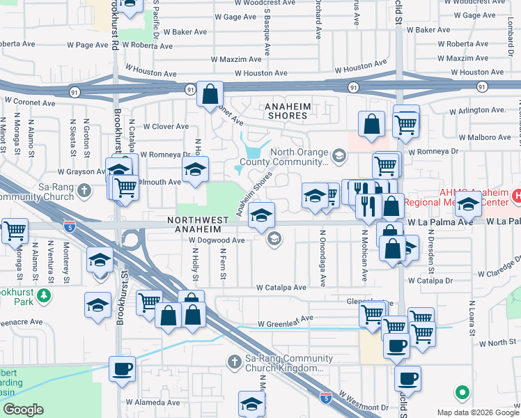 map of restaurants, bars, coffee shops, grocery stores, and more near 1846 West Falmouth Avenue in Anaheim
