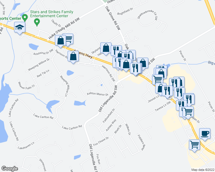 map of restaurants, bars, coffee shops, grocery stores, and more near 513 Ashton Manor Drive in Loganville