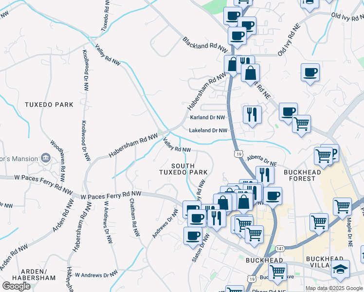 map of restaurants, bars, coffee shops, grocery stores, and more near 3463 Valley Road Northwest in Atlanta