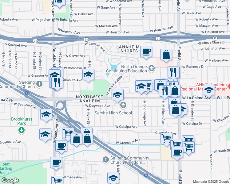 map of restaurants, bars, coffee shops, grocery stores, and more near 1850 West Falmouth Avenue in Anaheim