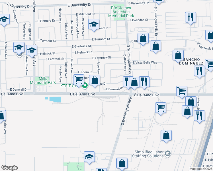 map of restaurants, bars, coffee shops, grocery stores, and more near 1812 East Cyrene Drive in Carson