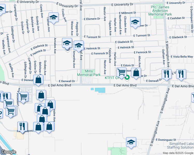 map of restaurants, bars, coffee shops, grocery stores, and more near 1516 East Cyrene Drive in Carson