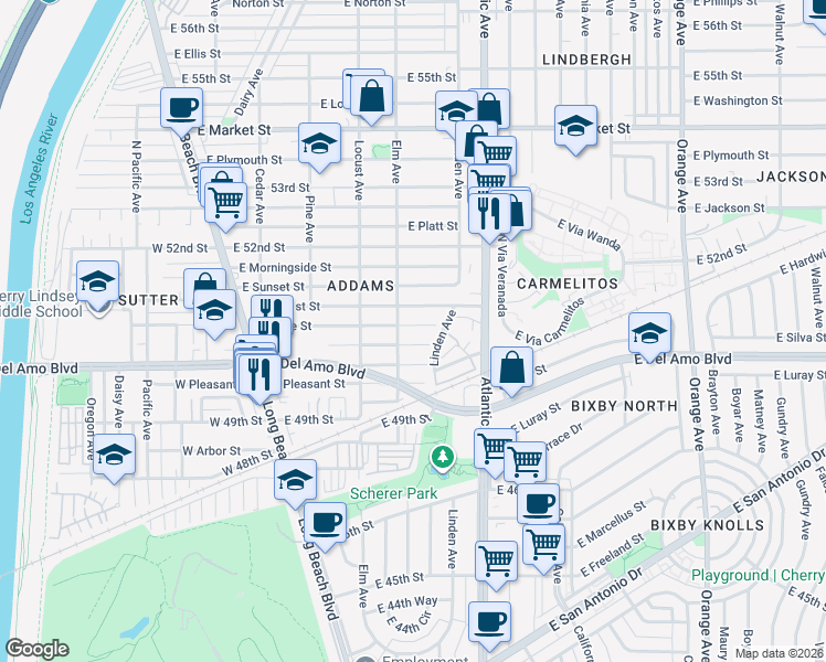map of restaurants, bars, coffee shops, grocery stores, and more near 417 East Plenty Street in Long Beach